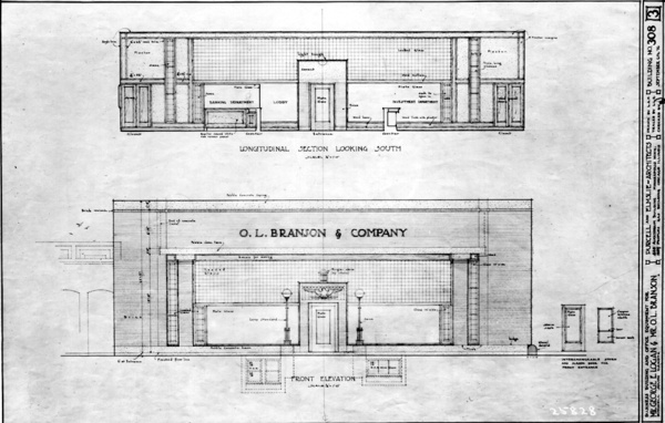 Architectural drawing of the bank elevation and section